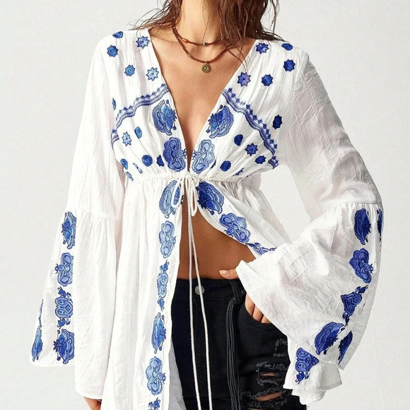 Tops - Multicolor Boho Women's Color-Block Embroidered Vacation Casual Shirt